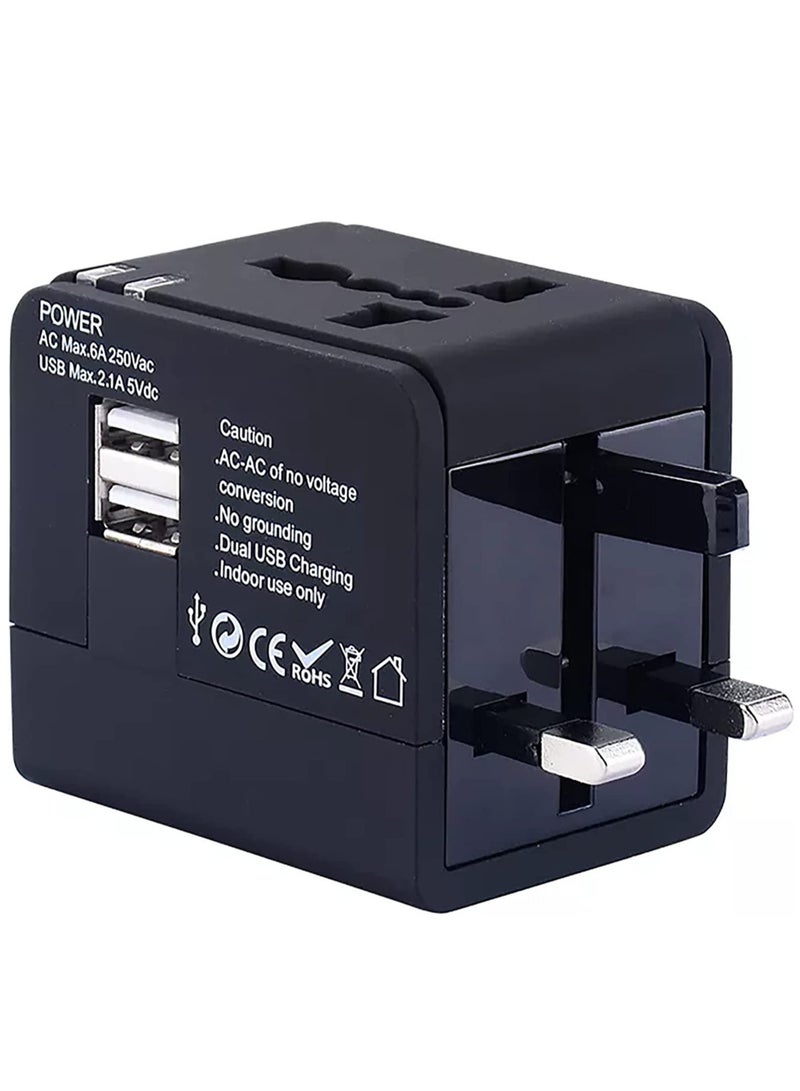ELTRAZONE Universal Travel Adapter with 2 USB outlets, Worldwide All in One Travel Plug, Wall Plug with Dual USB A Ports for KSA UAE USA EU UK AUS - Black  - Image 3