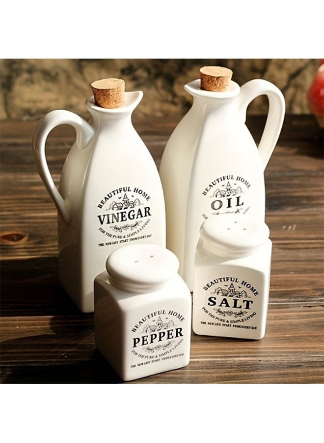 WINEENEE 4pcs Japanese Style Ceramic Oil & Vinegar Dispenser Set - Leak-Proof Seasoning Bottles with Wooden Lid for Kitchen, Soy Sauce, Oil, Vinegar - Ideal for Dining Table - Image 1