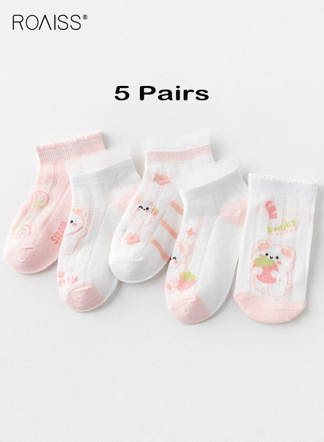 roaiss 5 Pairs Girls Ankle Socks, Comfortable Breathable Mesh Socks Set, Anti-pilling Soft Socks with Adorable Patterns, Thin Short Socks for Girls - Image 1