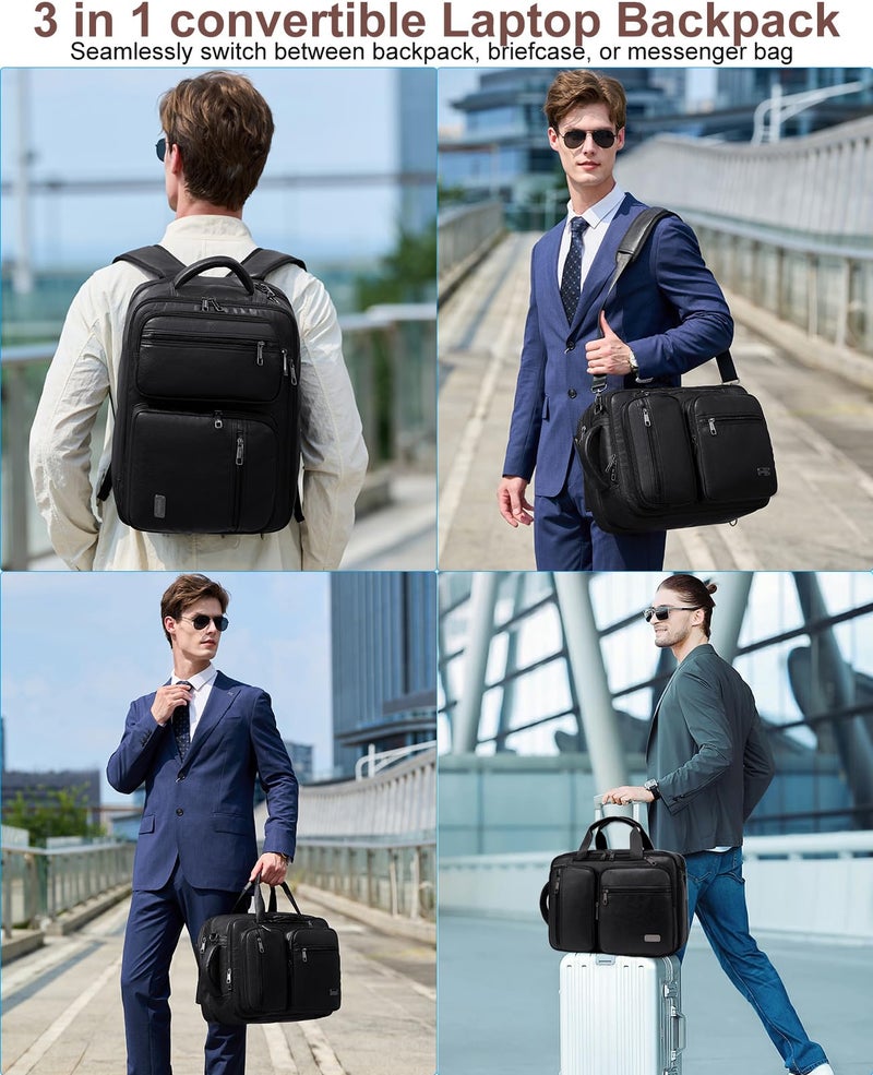 weiatas 3-in-1 Vegan Leather Convertible Laptop Bag for Men Women, 15.6 Inch Waterproof Expandable Backpack, Computer Briefcase, Shoulder Messenger Bag & Weekend Bag for Business Travel Work (Black) - Image 2