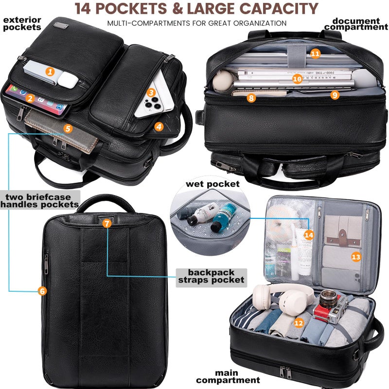 weiatas 3-in-1 Vegan Leather Convertible Laptop Bag for Men Women, 15.6 Inch Waterproof Expandable Backpack, Computer Briefcase, Shoulder Messenger Bag & Weekend Bag for Business Travel Work (Black) - Image 3