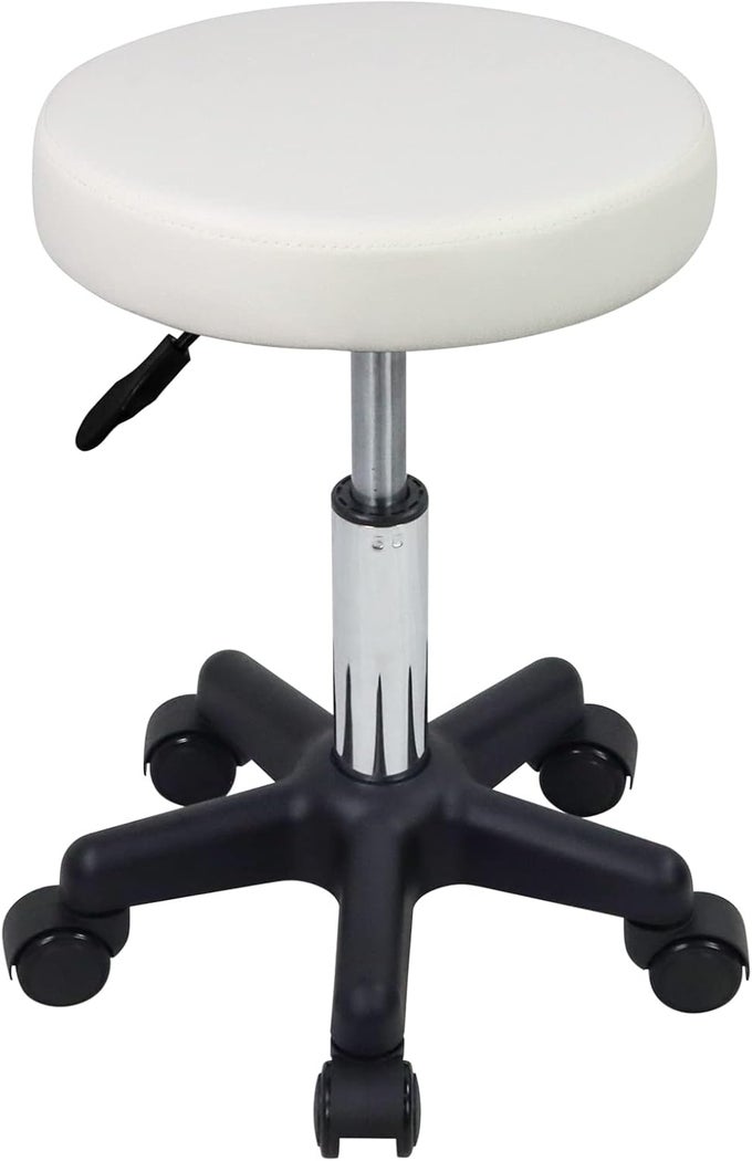 ROUND ROLLING STOOL HEIGHT ADJUSTABLE STOOL WITH WHEELS FOR SPA SALON MASSAGE WHITE