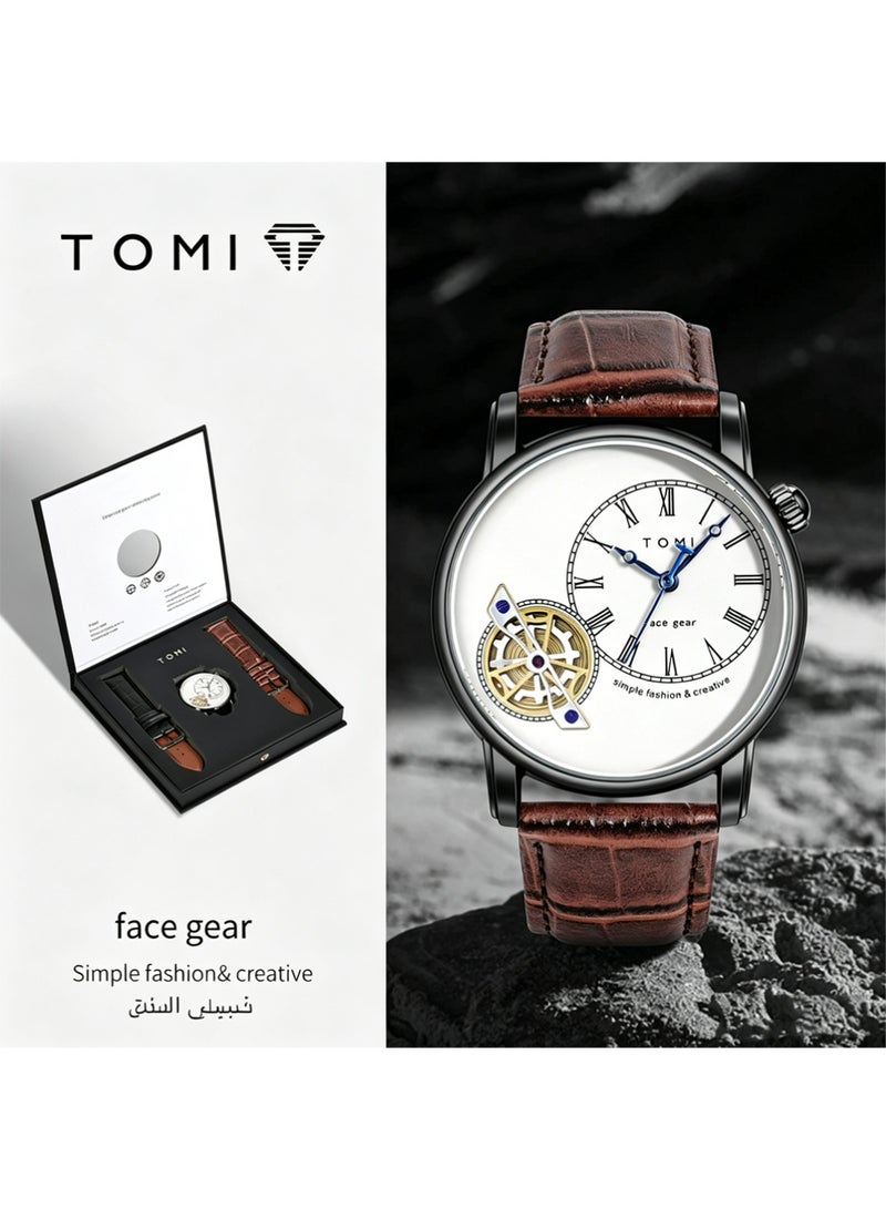 TOMI Men's Quartz Watch Gift Set - Vintage Skeleton Style Watch, Business Leather Strap Waterproof Wristwatch & Replaceable Strap for Daily Wear and Gift Giving Men's Wrist Watches - Image 1