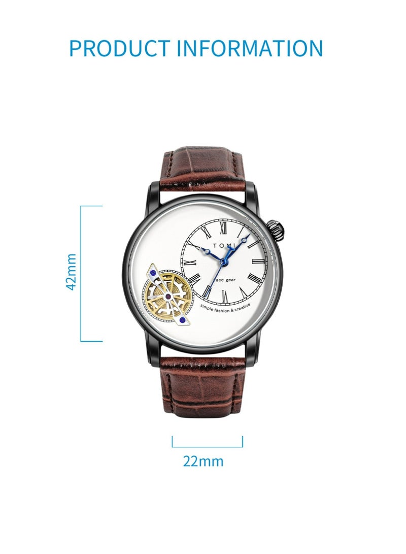 TOMI Men's Quartz Watch Gift Set - Vintage Skeleton Style Watch, Business Leather Strap Waterproof Wristwatch & Replaceable Strap for Daily Wear and Gift Giving Men's Wrist Watches - Image 5
