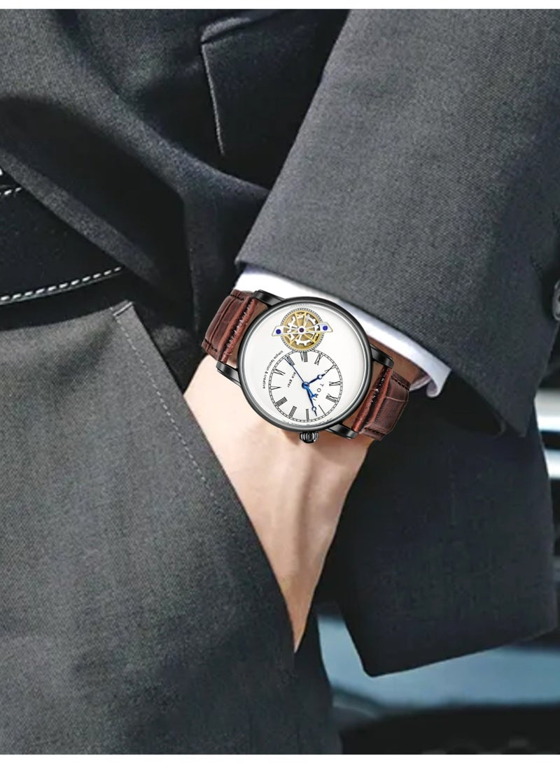 TOMI Men's Quartz Watch Gift Set - Vintage Skeleton Style Watch, Business Leather Strap Waterproof Wristwatch & Replaceable Strap for Daily Wear and Gift Giving Men's Wrist Watches - Image 2