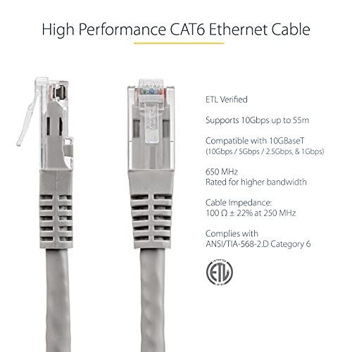 StarTech.com 25ft CAT6 Ethernet Cable - Gray CAT 6 Gigabit Ethernet Wire -650MHz 100W PoE++ RJ45 UTP Molded Category 6 Network/Patch Cord w/Strain Relief/Fluke Tested UL/TIA Certified (C6PATCH25GR) - Image 3