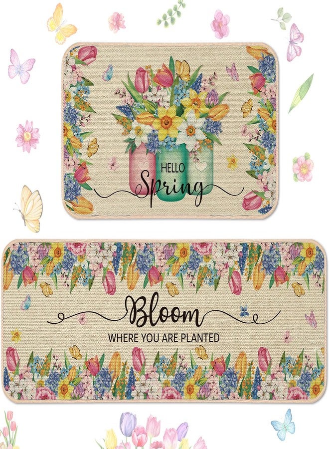 Suttmin 2 Pcs Spring Kitchen Rugs and Mats Bloom Where You are Planted Flower Jar Rugs Watercolor Mat for Spring Holiday Decor, 17 x 29 Inch, 17 x 47 Inch(Flower Bloom) - Image 1