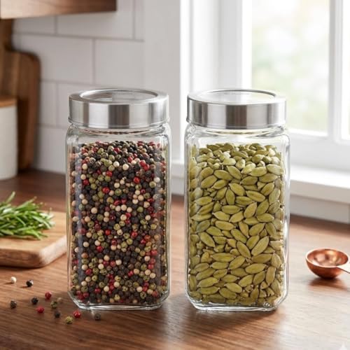 CROCO JAR Cubical Glass Jar, Big Containers For Kitchen Storage Glass Dry Fruits Jar Spices, Pickle, Grocery Grain Storage With Airtight Steel Lid - 1000 Ml (Pack Of 2) - Image 2
