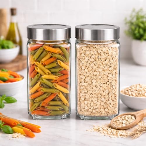 CROCO JAR Cubical Glass Jar, Big Containers For Kitchen Storage Glass Dry Fruits Jar Spices, Pickle, Grocery Grain Storage With Airtight Steel Lid - 1000 Ml (Pack Of 2) - Image 4