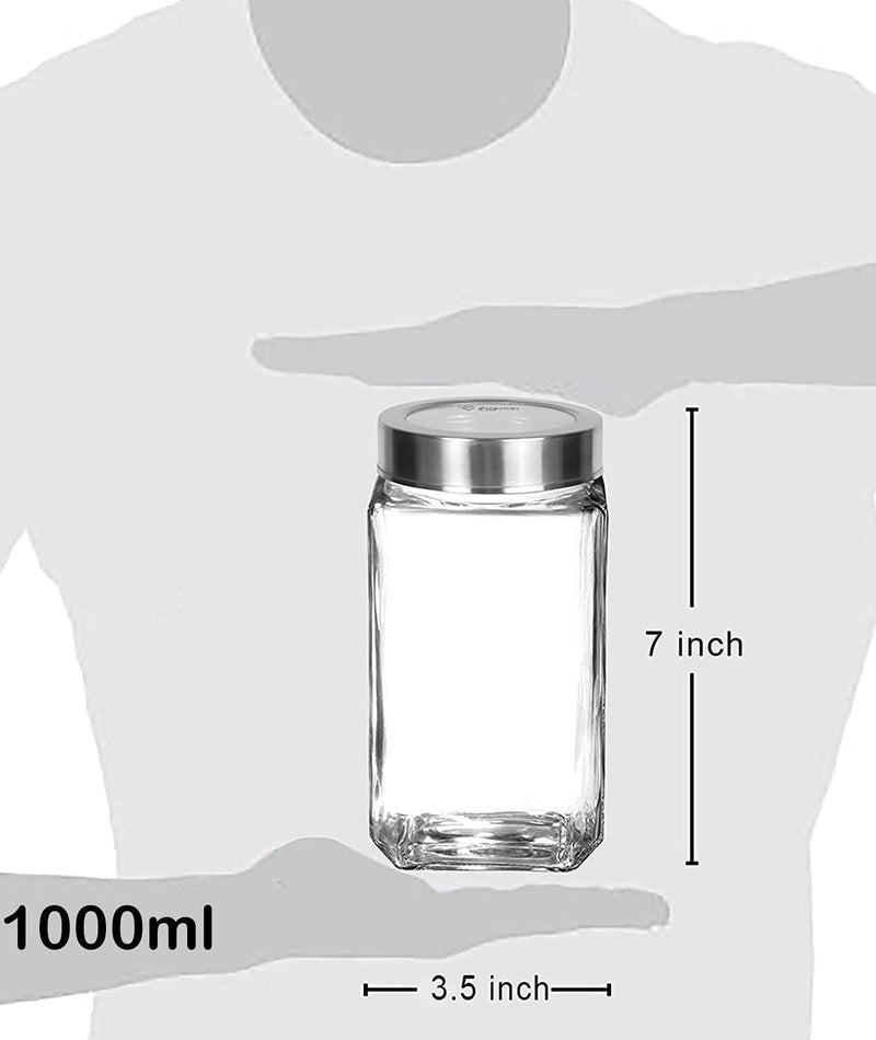 CROCO JAR Cubical Glass Jar, Big Containers For Kitchen Storage Glass Dry Fruits Jar Spices, Pickle, Grocery Grain Storage With Airtight Steel Lid - 1000 Ml (Pack Of 2) - Image 3