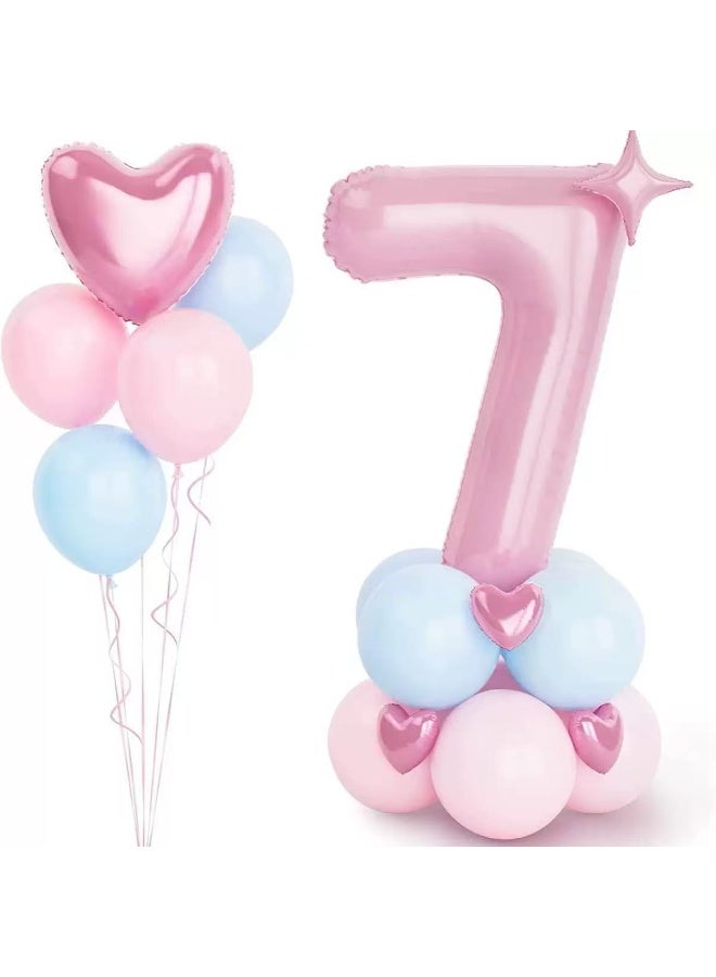 مجموعة بالونات رقم 7 مقاس 40 بوصة - مجموعة عمود بالونات من رقائق معدنية باللونين الوردي والأزرق مع بالونات على شكل قلب، ديكور لحفلات أعياد الميلاد للأطفال البنات والأولاد في عيد ميلادهم السابع، لوازم خلفية للصور - Image 1