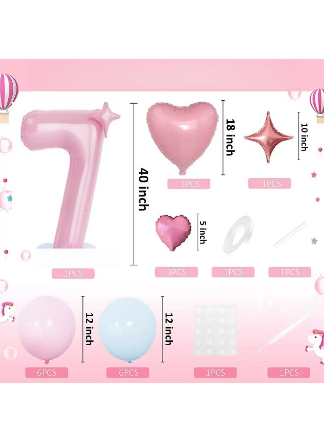 مجموعة بالونات رقم 7 مقاس 40 بوصة - مجموعة عمود بالونات من رقائق معدنية باللونين الوردي والأزرق مع بالونات على شكل قلب، ديكور لحفلات أعياد الميلاد للأطفال البنات والأولاد في عيد ميلادهم السابع، لوازم خلفية للصور - Image 2