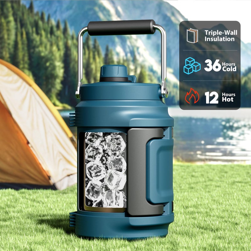 Meoky 64 oz Insulated Water Bottle for Gym: Meoky Triple Wall Vacuum Stainless Steel Half Gallon Water Jug - Top and Side Handles, 2-in-1 Straw and Spout Lid, Cold for 36 Hrs, Leak Proof for Camping (Denim) - Image 2