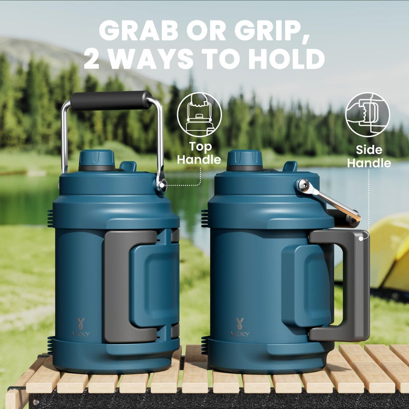 Meoky 64 oz Insulated Water Bottle for Gym: Meoky Triple Wall Vacuum Stainless Steel Half Gallon Water Jug - Top and Side Handles, 2-in-1 Straw and Spout Lid, Cold for 36 Hrs, Leak Proof for Camping (Denim) - Image 3