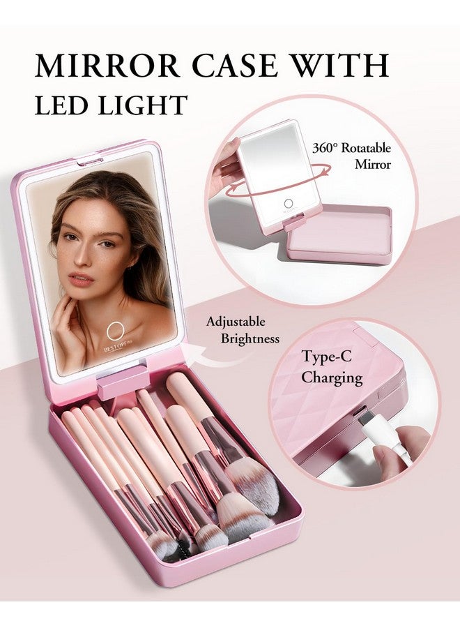 BESTOPE PRO Makeup Brushes With Case, 20Pcs Travel Makeup Brush Set, Foundation Concealer Blush Eyeshadow Brush Set Contour Powder Eyebrow Eyelash Brush Kit With Led Light Mirror Holder & 2 Powder Puff-Pink  - Image 2
