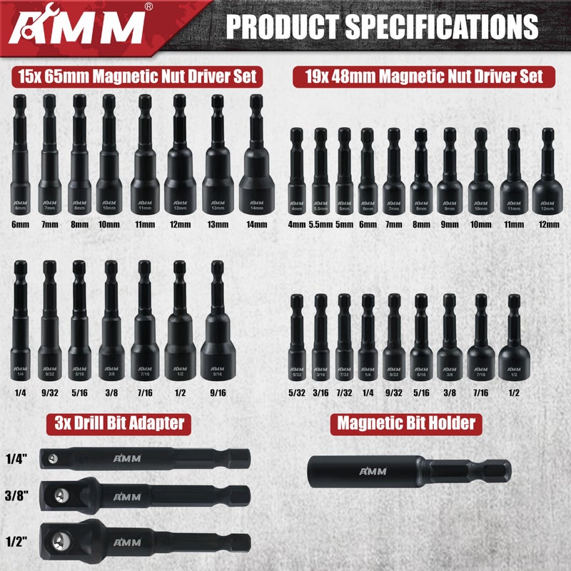 AMM 39PCS Magnetic Nut Driver Set for Impact Drill, Includes Metric & SAE Impact Driver Bit Set, Bit Extension & Drill Bit Adapter | 1/4" Hex Shank | Cr-V Steel - Image 2