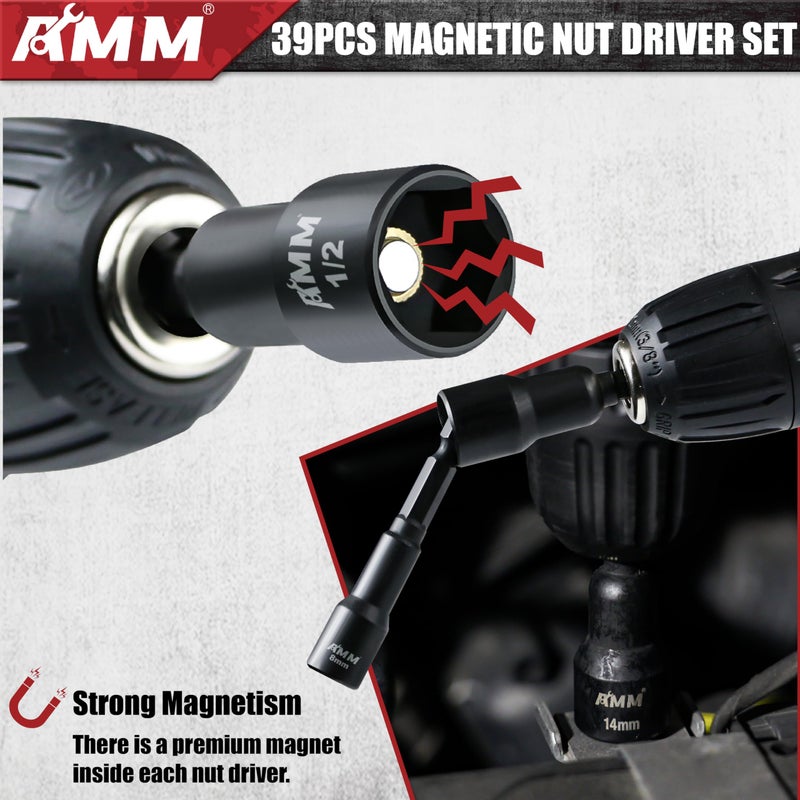 AMM 39PCS Magnetic Nut Driver Set for Impact Drill, Includes Metric & SAE Impact Driver Bit Set, Bit Extension & Drill Bit Adapter | 1/4" Hex Shank | Cr-V Steel - Image 4