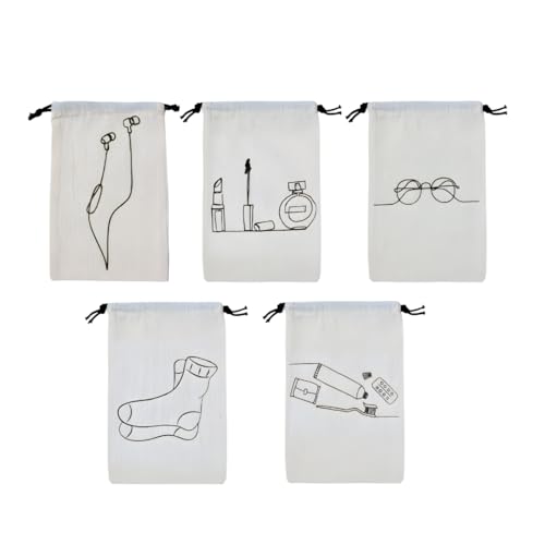 IVILLAGE Premium Reusable & Washable Cotton Fabric Drawstring Travel Pouch/Bag | Handcrafted Doodle Design | Ideal for Earphones, Makeup, Sunglasses, Socks & Toiletries | Pack of 5 - Image 1
