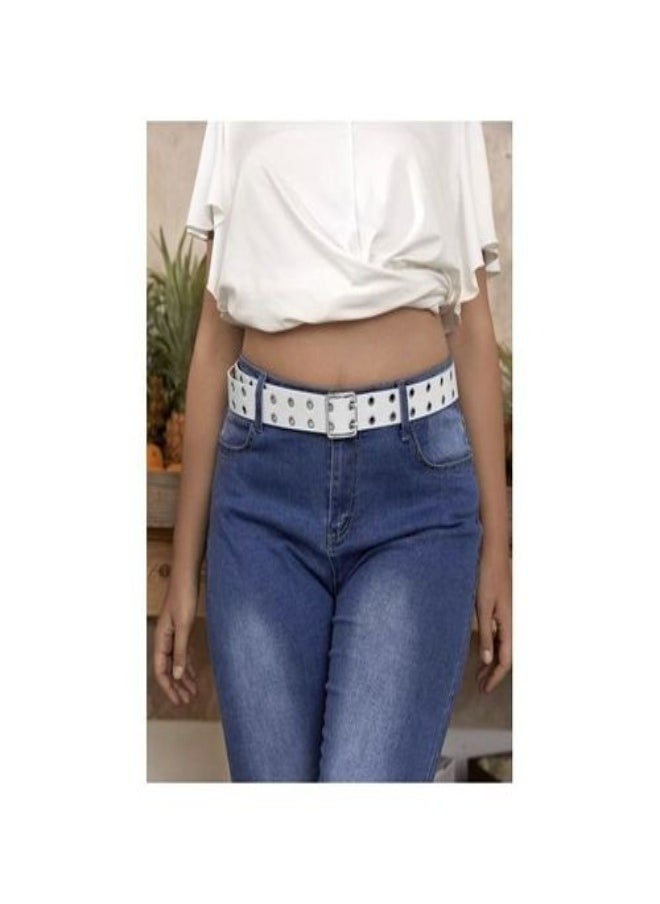 Generic - White women's leather belt with perforated decorative metal buckle - Image 1