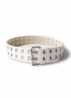 White women's leather belt with perforated decorative metal buckle