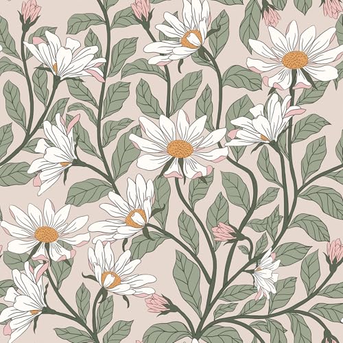 Vinjiasin Peel and Stick Contact Paper Daisy Floral Wallpaper - Blush Pink Green Removable Wall Mural, Self-Adhesive Peel-and-Stick Decor for Bedroom Accent Wall, Waterproof Vinyl Wallpaper Roll,17.3"x 78.7" - Image 1
