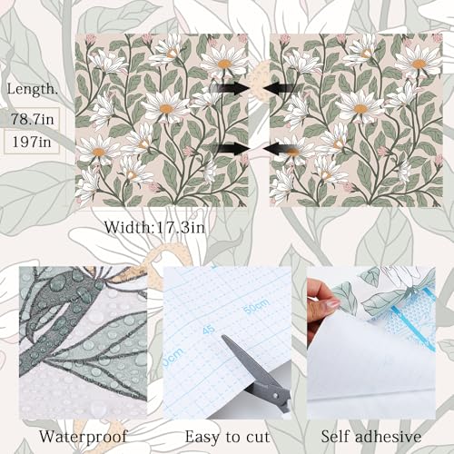 Vinjiasin Peel and Stick Contact Paper Daisy Floral Wallpaper - Blush Pink Green Removable Wall Mural, Self-Adhesive Peel-and-Stick Decor for Bedroom Accent Wall, Waterproof Vinyl Wallpaper Roll,17.3"x 78.7" - Image 5