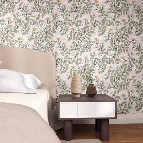 Vinjiasin Peel and Stick Contact Paper Daisy Floral Wallpaper - Blush Pink Green Removable Wall Mural, Self-Adhesive Peel-and-Stick Decor for Bedroom Accent Wall, Waterproof Vinyl Wallpaper Roll,17.3"x 78.7" - Image 2