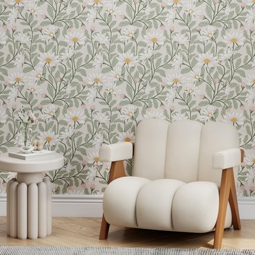 Vinjiasin Peel and Stick Contact Paper Daisy Floral Wallpaper - Blush Pink Green Removable Wall Mural, Self-Adhesive Peel-and-Stick Decor for Bedroom Accent Wall, Waterproof Vinyl Wallpaper Roll,17.3"x 78.7" - Image 4