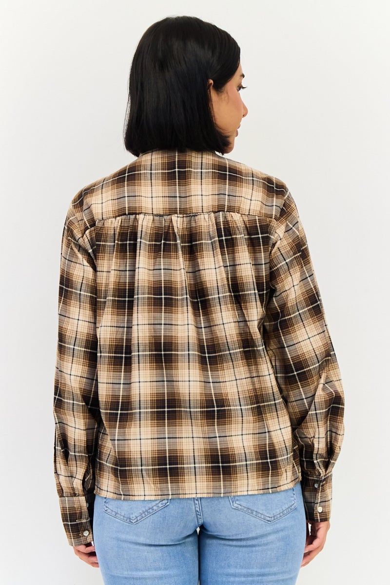 Threadbare Women Tie Neckline Long Sleeves Plaid Shirt, Multicolor - Image 3