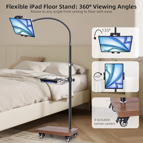 wishacc Adjustable Floor Tablet Stand with Rolling Base, Flexible Gooseneck Mount, Wood Platform, Mobile Device Holder for Indoor Use - Image 5