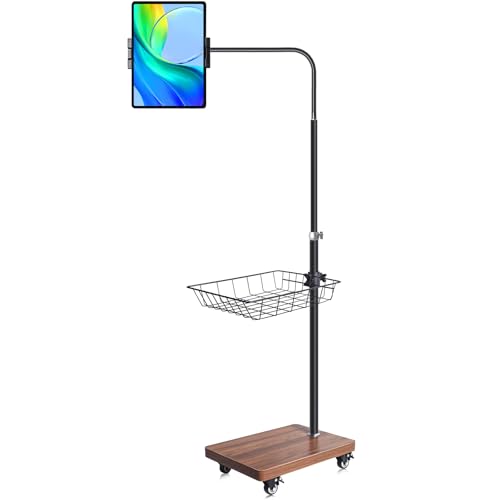 wishacc Adjustable Floor Tablet Stand with Rolling Base, Flexible Gooseneck Mount, Wood Platform, Mobile Device Holder for Indoor Use - Image 1