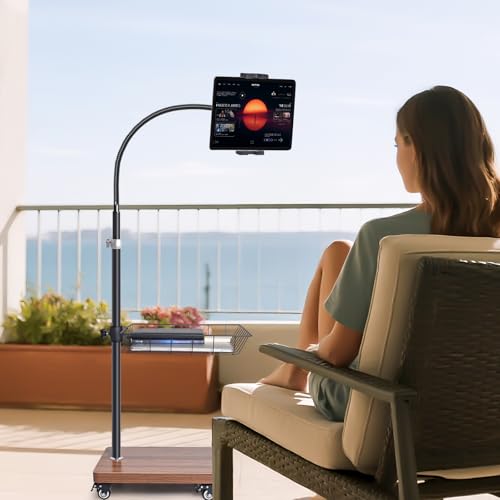 wishacc Adjustable Floor Tablet Stand with Rolling Base, Flexible Gooseneck Mount, Wood Platform, Mobile Device Holder for Indoor Use - Image 2
