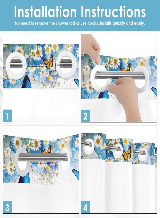 Nesphy No Hook Flower Chrysanthemum Shower Curtain with Snap in Fabric Liner Set, Blue Butterfly Lavender Double Layers Waterproof Fabric with See Through Top Window Open Grommet Curtain 71x74 Inch - Image 2