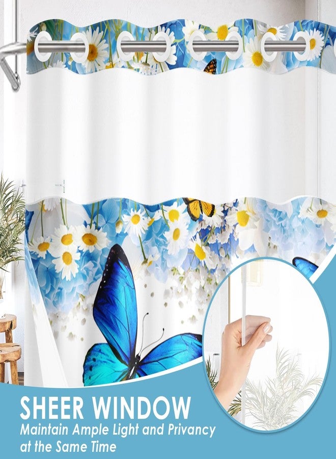Nesphy No Hook Flower Chrysanthemum Shower Curtain with Snap in Fabric Liner Set, Blue Butterfly Lavender Double Layers Waterproof Fabric with See Through Top Window Open Grommet Curtain 71x74 Inch - Image 3