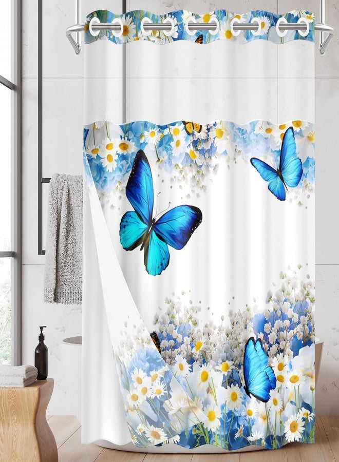 Nesphy No Hook Flower Chrysanthemum Shower Curtain with Snap in Fabric Liner Set, Blue Butterfly Lavender Double Layers Waterproof Fabric with See Through Top Window Open Grommet Curtain 71x74 Inch - Image 1