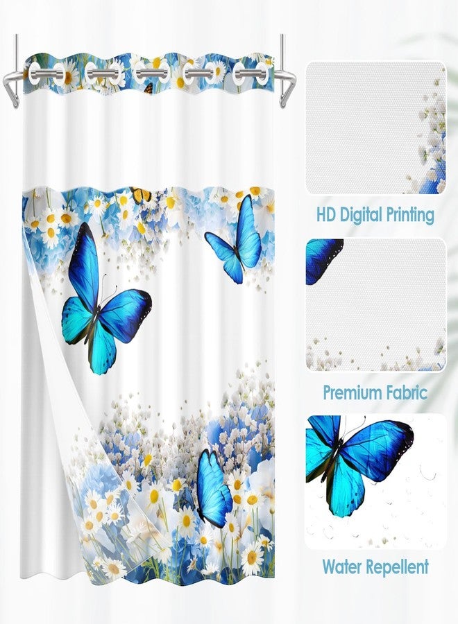 Nesphy No Hook Flower Chrysanthemum Shower Curtain with Snap in Fabric Liner Set, Blue Butterfly Lavender Double Layers Waterproof Fabric with See Through Top Window Open Grommet Curtain 71x74 Inch - Image 4