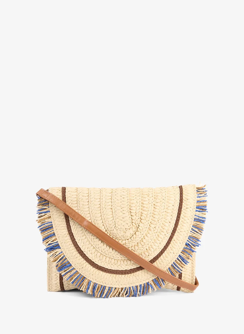 Blue Vanilla Woven Fringe Detail Clutch Bag With Attachable Strap