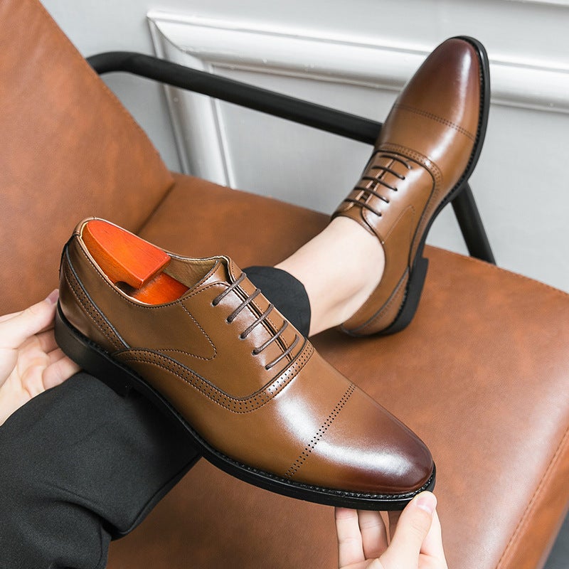 Plus Size Business Leather Shoes Men'S Fashion Dress Oxford Shoes Simple Solid Color Lace-Up Thick Sole Height Increasing Leather Shoes Trendy - Image 1