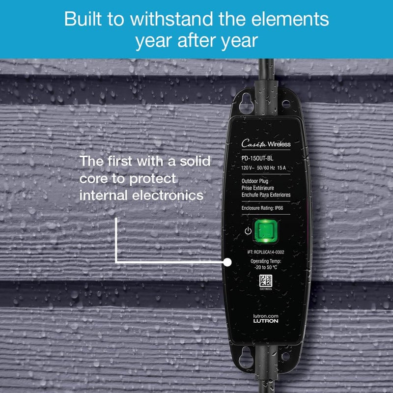 Lutron Smart Outdoor Plug for Caseta Smart Lighting, for Summer, Patio, Backyard, and Outdoor Lights, & Motors, 15A LED Fixtures & 1/2 HP Motors, PD-15OUT-BL, Black - Image 5