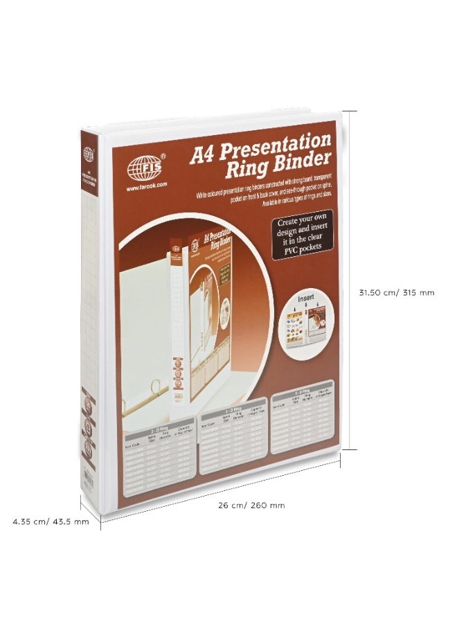 FIS Presentation Binder, A4 Size(210x297mm), 4[D]Ring Type, 20mm Ring Size, 1.50" Inches Spine with Clear PVC Pocket For Easy Insert Your Label Design, Packet of 2 Pieces, White Color-FSBD420DPB/2  - Image 3