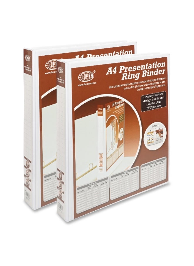 FIS Presentation Binder, A4 Size(210x297mm), 4[D]Ring Type, 20mm Ring Size, 1.50" Inches Spine with Clear PVC Pocket For Easy Insert Your Label Design, Packet of 2 Pieces, White Color-FSBD420DPB/2  - Image 1