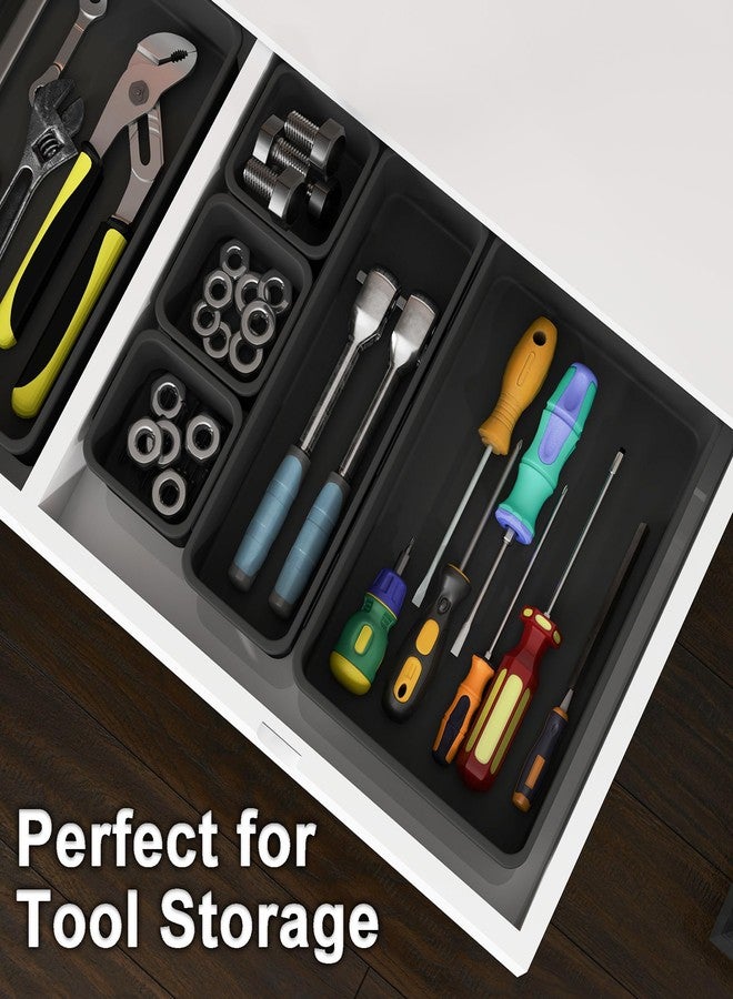 QUELIEN Desk Drawer Organizer Tray Set, 16PCS Plastic Drawer Organizer Bins for Office, Makeup, Kitchen - Gray Blue Desk Organizer with Flexible Interlocking Design for Efficient Desk Drawer Organization - Image 4