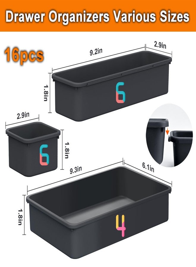 QUELIEN Desk Drawer Organizer Tray Set, 16PCS Plastic Drawer Organizer Bins for Office, Makeup, Kitchen - Gray Blue Desk Organizer with Flexible Interlocking Design for Efficient Desk Drawer Organization - Image 2