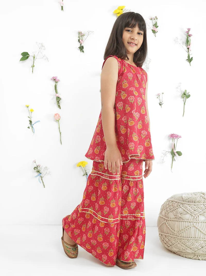 جلو باص Globus Girls Maroon Round Neck Sleeveless Floral Print Gotta Patti Tunic With Sharara Festive Co-Ord Set