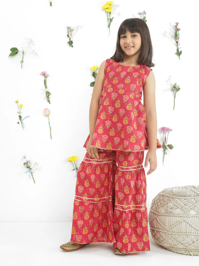 جلو باص Globus Girls Maroon Round Neck Sleeveless Floral Print Gotta Patti Tunic With Sharara Festive Co-Ord Set