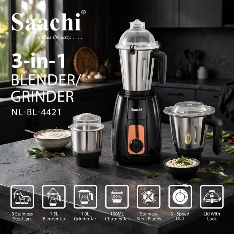 Saachi 3-in-1 Blender Grinder NL-BL-4421, 750W, 1.5L + 1L + 100ml Stainless Steel Jars, 3-Speed with Incher, Polycarbonate Dome Lid, Made in India 750 W NL-BL-4421-BK black - Image 5