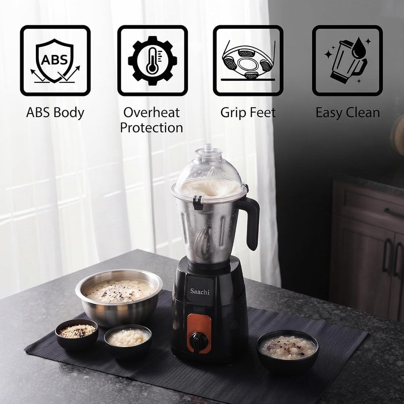Saachi 3-in-1 Blender Grinder NL-BL-4421, 750W, 1.5L + 1L + 100ml Stainless Steel Jars, 3-Speed with Incher, Polycarbonate Dome Lid, Made in India 750 W NL-BL-4421-BK black - Image 3