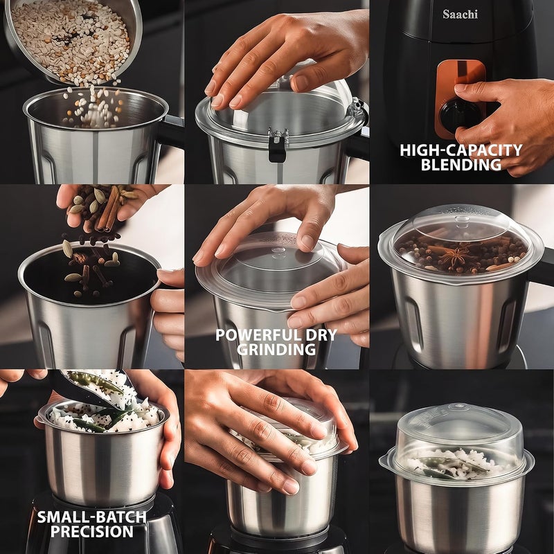 Saachi 3-in-1 Blender Grinder NL-BL-4421, 750W, 1.5L + 1L + 100ml Stainless Steel Jars, 3-Speed with Incher, Polycarbonate Dome Lid, Made in India 750 W NL-BL-4421-BK black - Image 4
