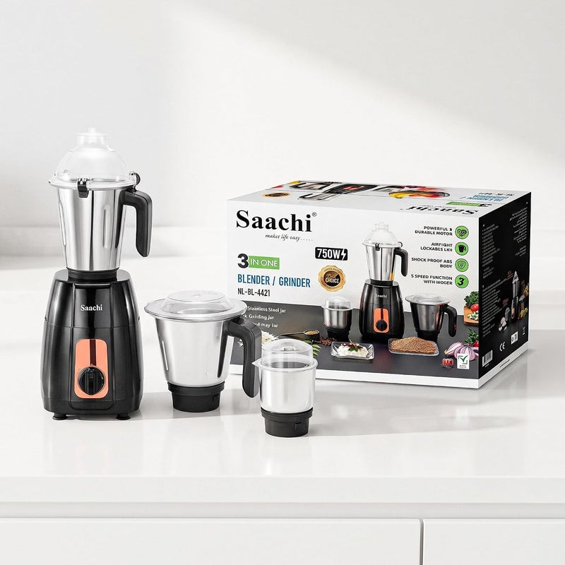 Saachi 3-in-1 Blender Grinder NL-BL-4421, 750W, 1.5L + 1L + 100ml Stainless Steel Jars, 3-Speed with Incher, Polycarbonate Dome Lid, Made in India 750 W NL-BL-4421-BK black - Image 2