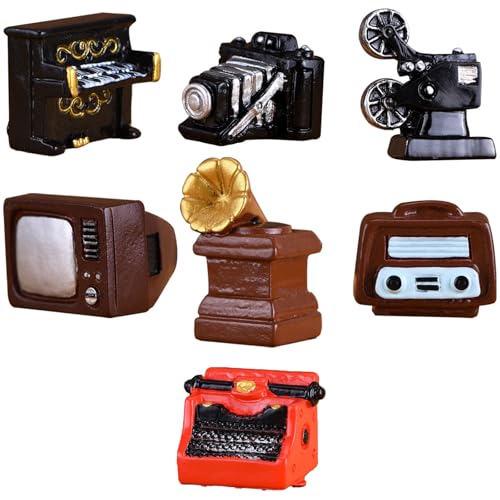 Aeenioy 7Pcs Miniature Decorative Items, Vintage Furniture Resin Ornaments Set for Home Decor, Gift Giving, Includes Piano, Gramophone, TV, Radio, Camera, Projector, Typewriter - Image 1